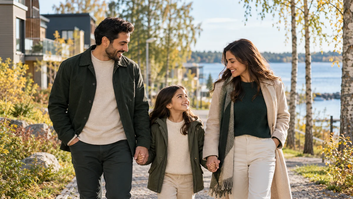 Finlandiya’da aile yaşamını temsil eden anne, baba ve çocuk